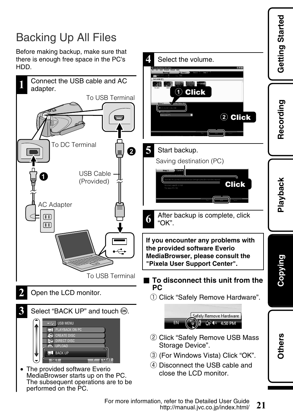 Backing up all files, Usb terminal ( p.21), Getting started recording playback copying others | JVC Everio GZ-HM340U User Manual | Page 21 / 96