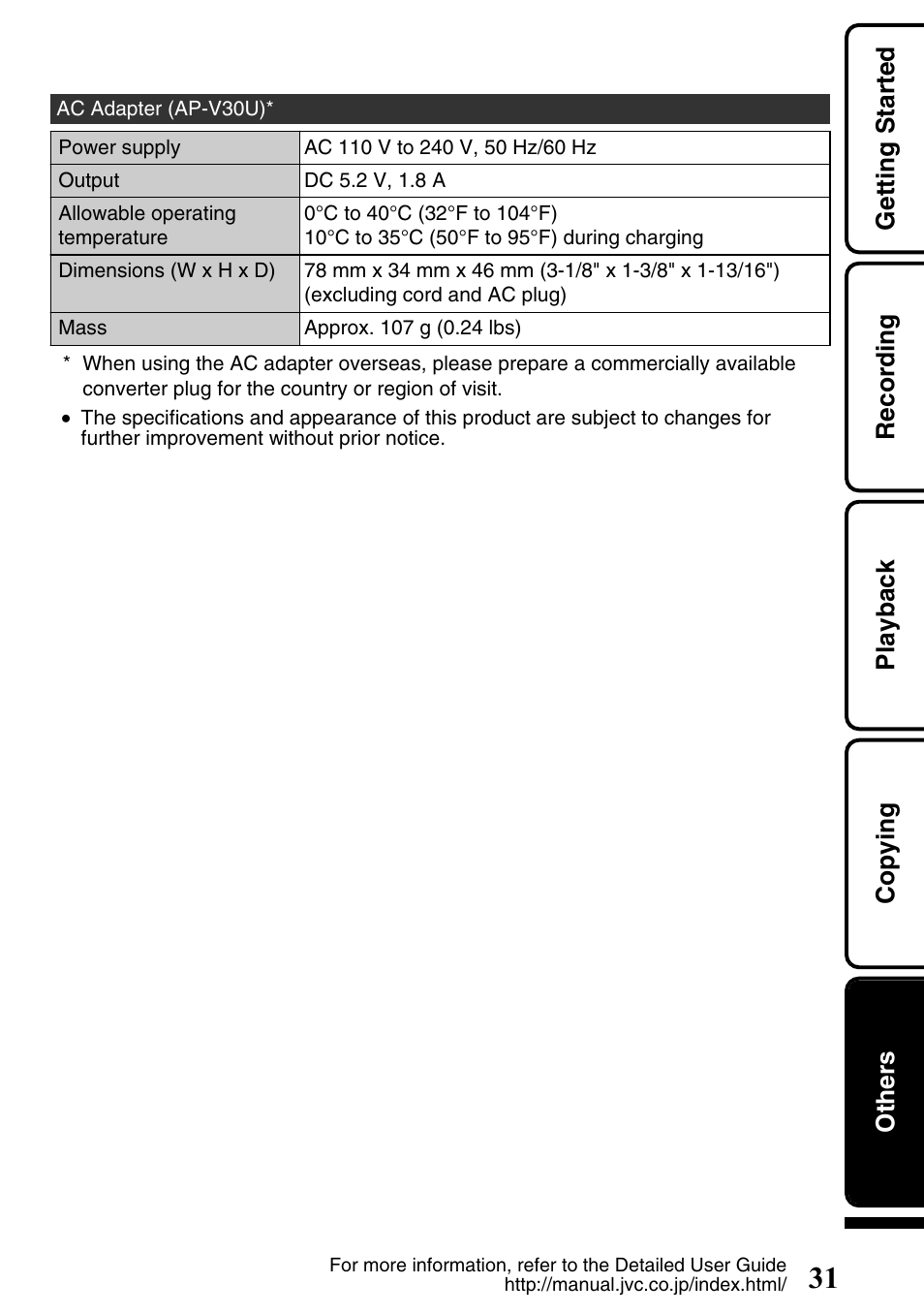 Getting started recording playback copying others | JVC Everio GZ-HM340U User Manual | Page 31 / 96