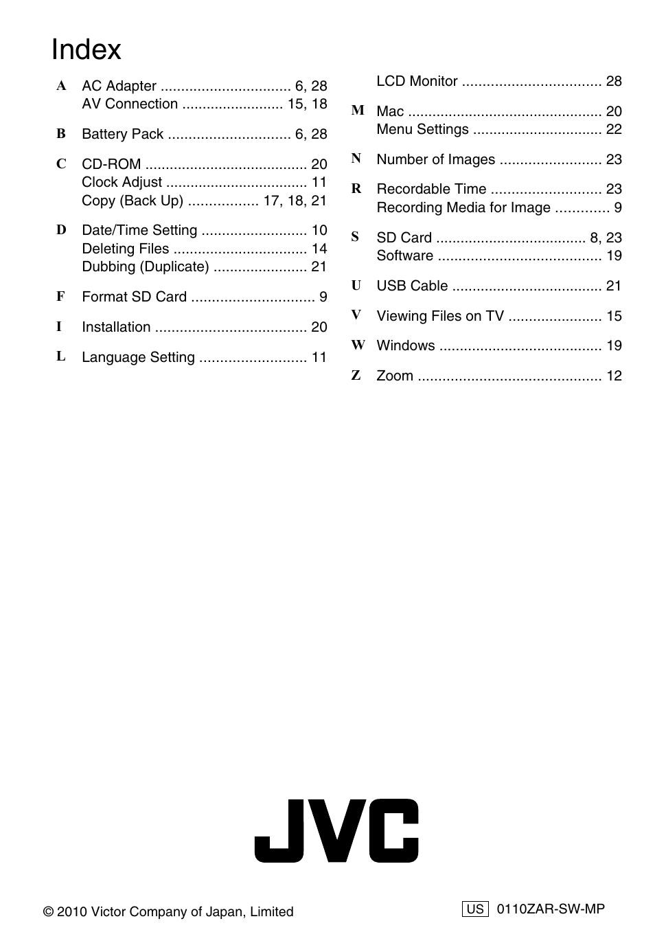 Index | JVC Everio GZ-HM340U User Manual | Page 32 / 96