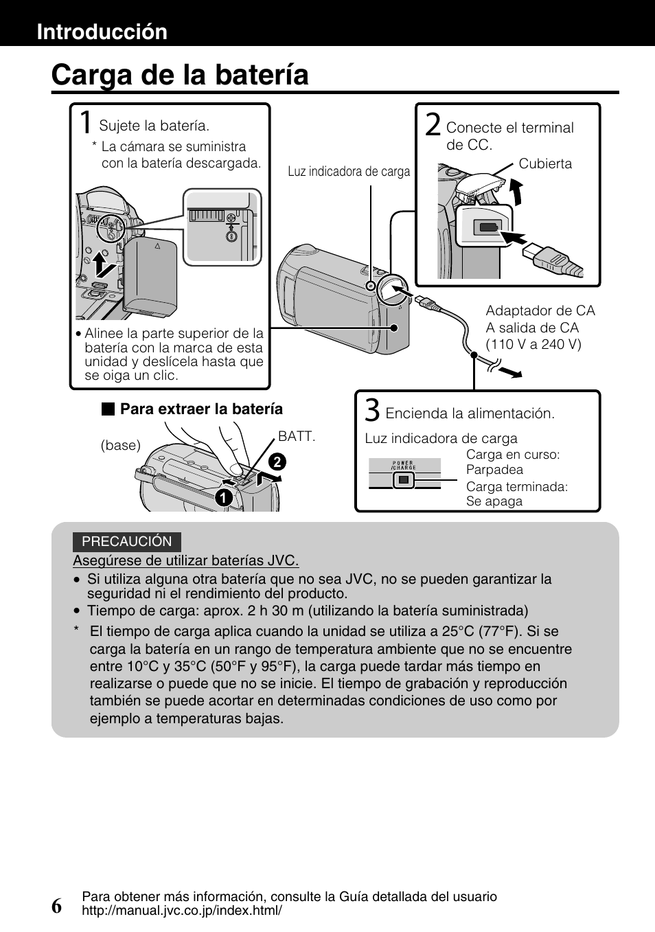 Introducción, Carga de la batería, Carga) ( p.6) | Terminal de cc ( p.6), P.6), Introducción 6 | JVC Everio GZ-HM340U User Manual | Page 38 / 96