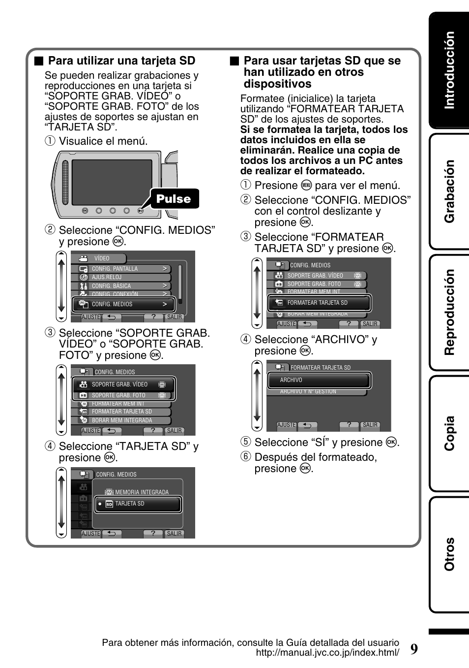 Introducción grabación reproducción copia otros, Para utilizar una tarjeta sd, Pulse | Visualice el menú, Seleccione “config. medios” y presione c, Seleccione “tarjeta sd” y presione c, Seleccione “archivo” y presione c | JVC Everio GZ-HM340U User Manual | Page 41 / 96