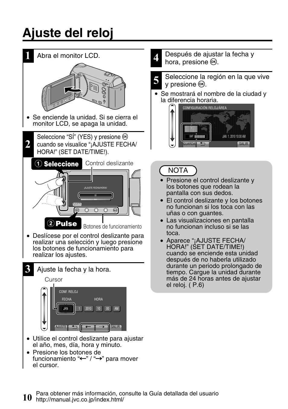 Ajuste del reloj, Seleccione 1 pulse 2, Nota | JVC Everio GZ-HM340U User Manual | Page 42 / 96