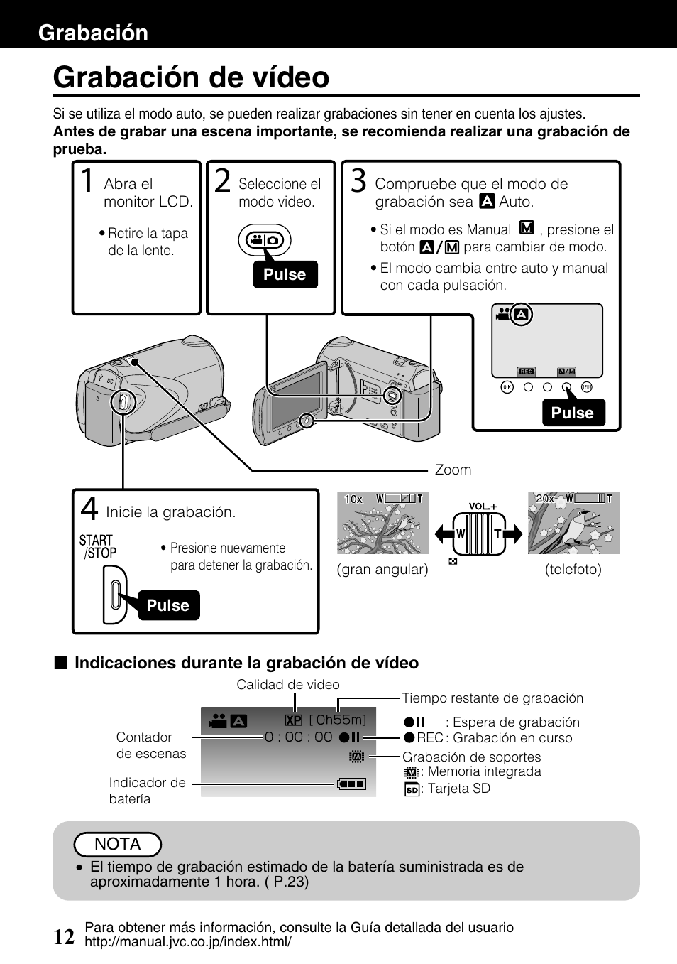 Grabación, Grabación de vídeo, Palanca de zoom/volumen ( p.12 | Vídeo) ( p.12), Grabación 12 | JVC Everio GZ-HM340U User Manual | Page 44 / 96