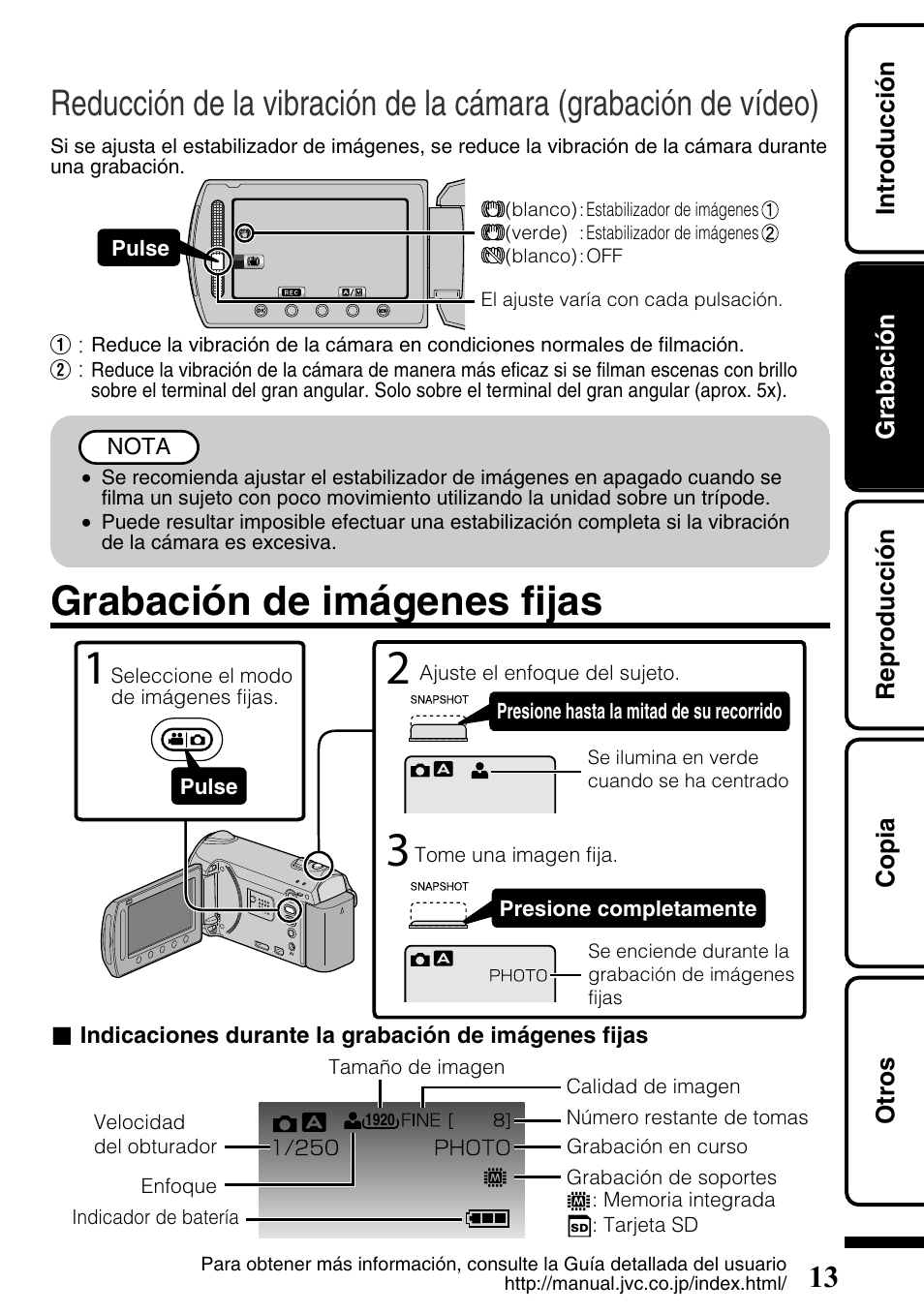 Grabación de imágenes fijas, Imágenes fijas) ( p.13) | JVC Everio GZ-HM340U User Manual | Page 45 / 96