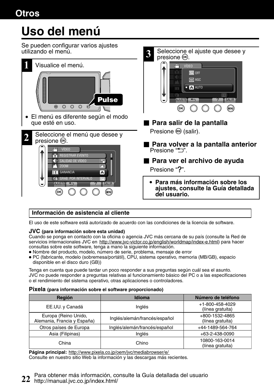 Otros, Uso del menú, Menú) ( p.22) | Otros 22, Pulse, Para salir de la pantalla, Para volver a la pantalla anterior, Para ver el archivo de ayuda | JVC Everio GZ-HM340U User Manual | Page 54 / 96