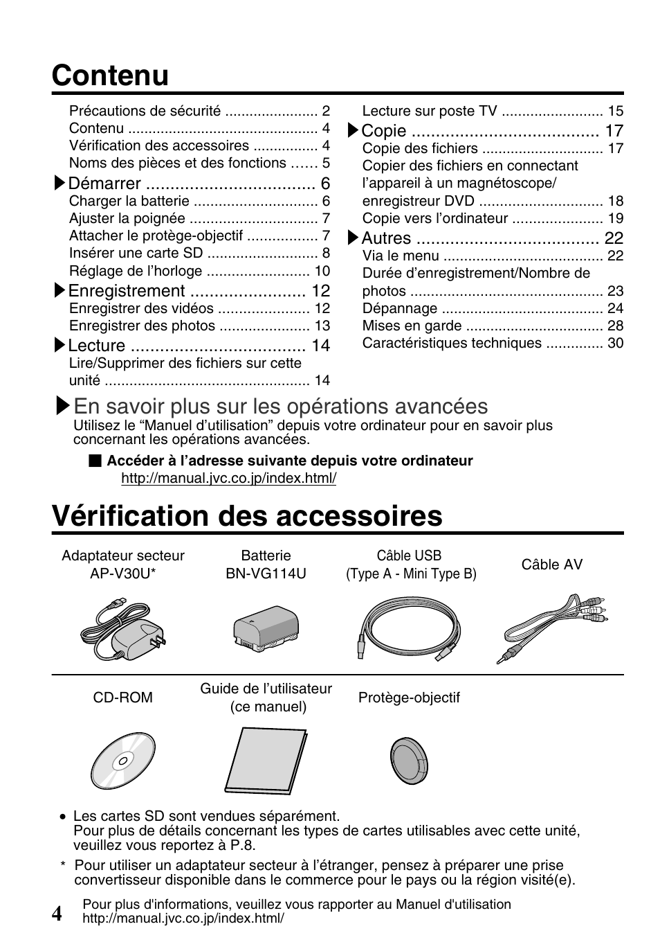 Contenu, Vérification des accessoires, En savoir plus sur les opérations avancées | JVC Everio GZ-HM340U User Manual | Page 68 / 96