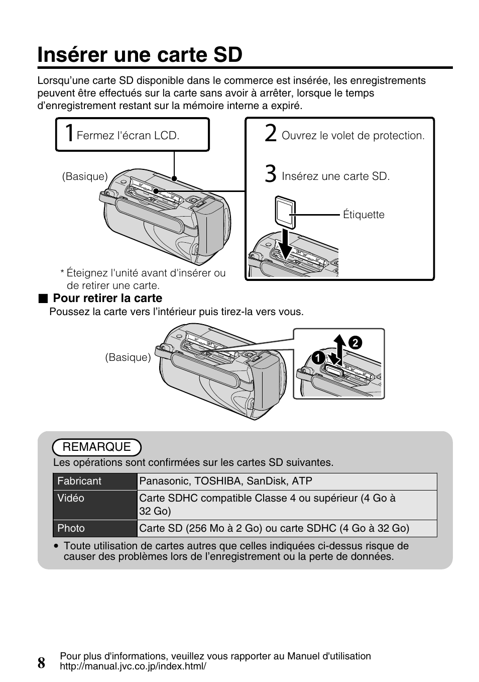 Insérer une carte sd, Veuillez vous reportez à p.8, Fente pour carte sd ( p.8) | JVC Everio GZ-HM340U User Manual | Page 72 / 96