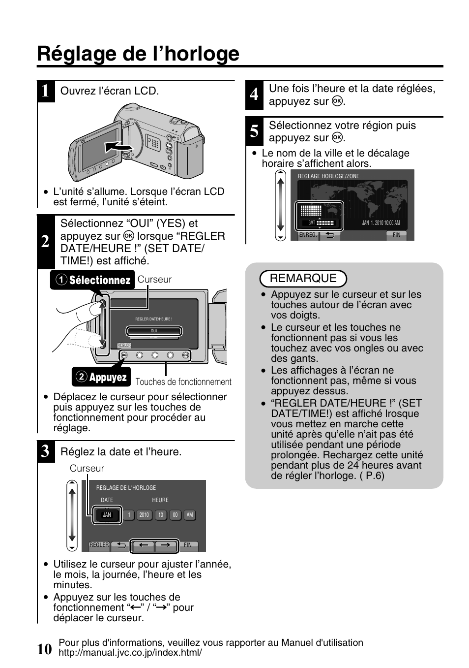 Réglage de l’horloge, Sélectionnez 1 appuyez 2, Remarque | JVC Everio GZ-HM340U User Manual | Page 74 / 96