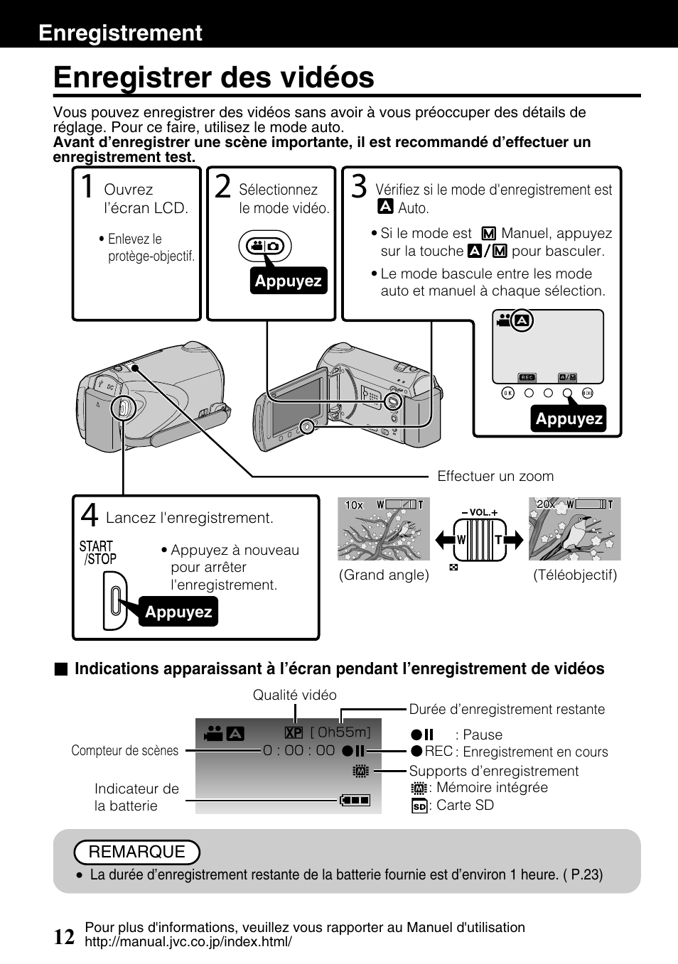 Enregistrement, Enregistrer des vidéos, Commande de zoom/volume ( p.12 | Vidéos) ( p.12), Enregistrement 12 | JVC Everio GZ-HM340U User Manual | Page 76 / 96