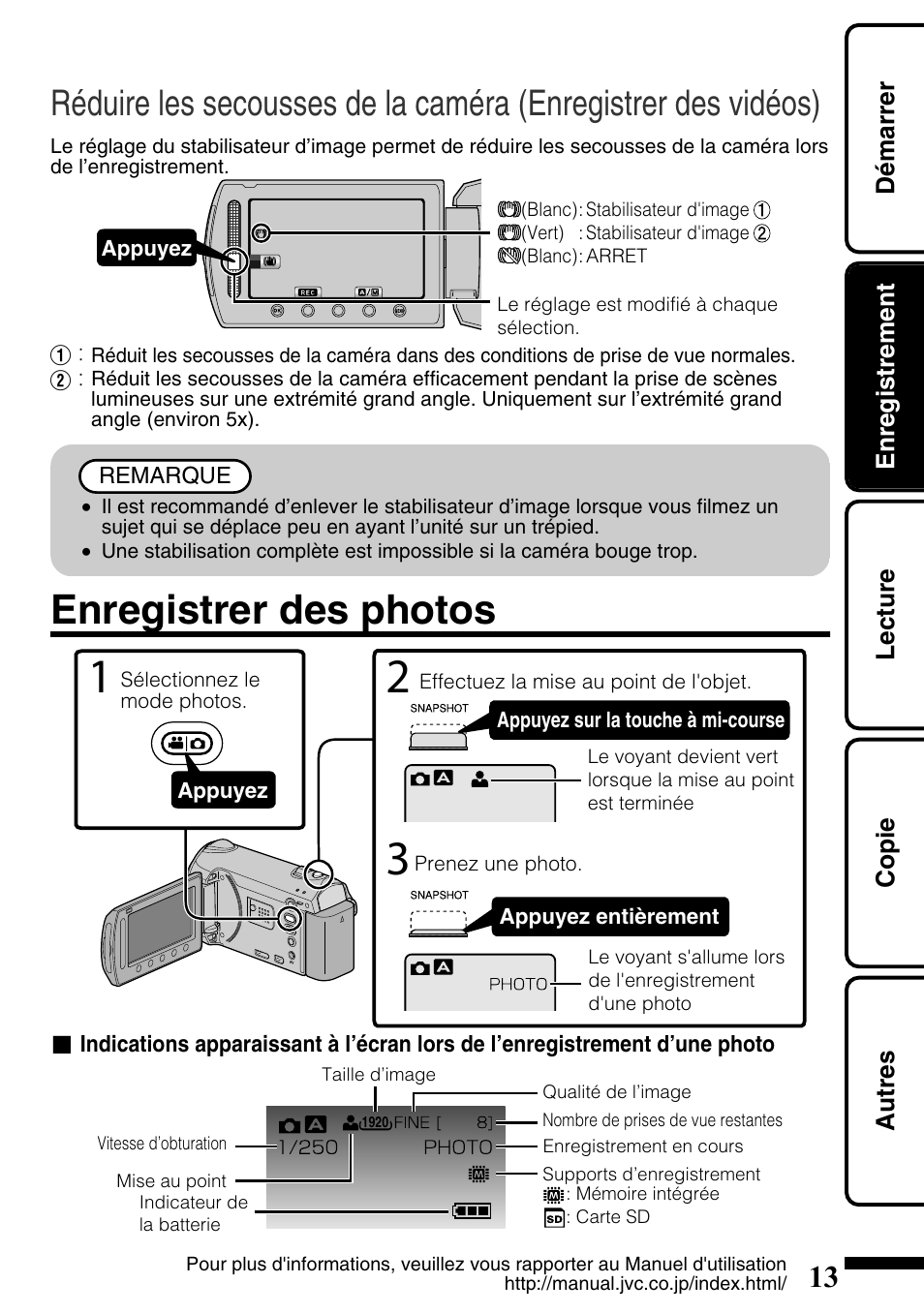 Enregistrer des photos, Photos) ( p.13) | JVC Everio GZ-HM340U User Manual | Page 77 / 96