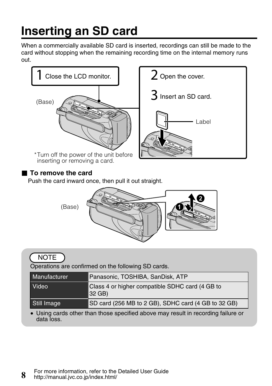 Inserting an sd card, Sd card slot ( p.8) | JVC Everio GZ-HM340U User Manual | Page 8 / 96