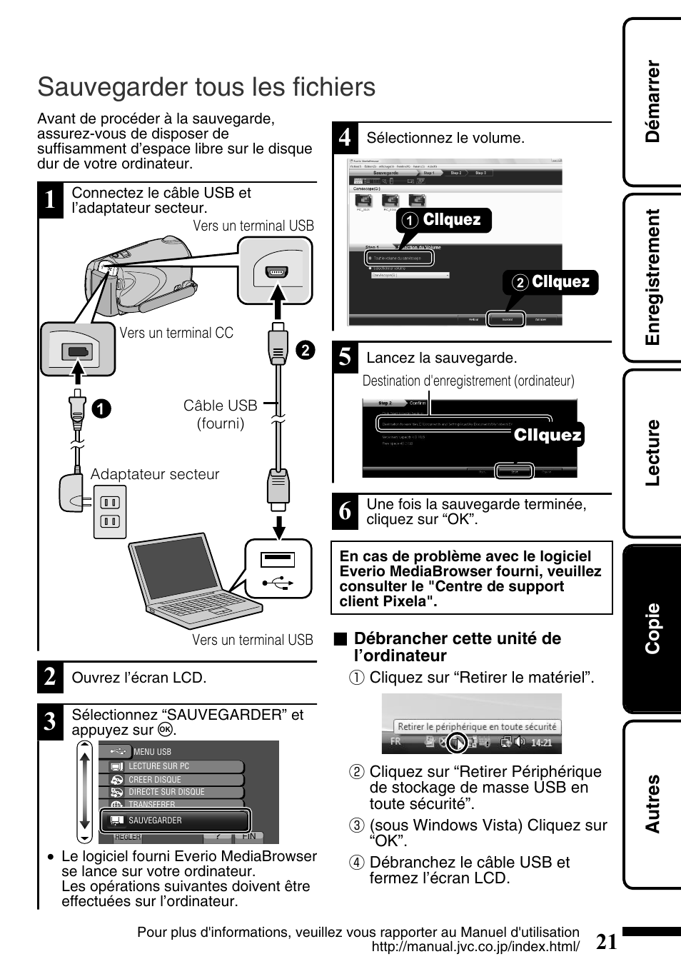 Sauvegarder tous les fichiers, Terminal usb ( p.21), Démarrer enregistrement lecture copie autres | JVC Everio GZ-HM340U User Manual | Page 85 / 96