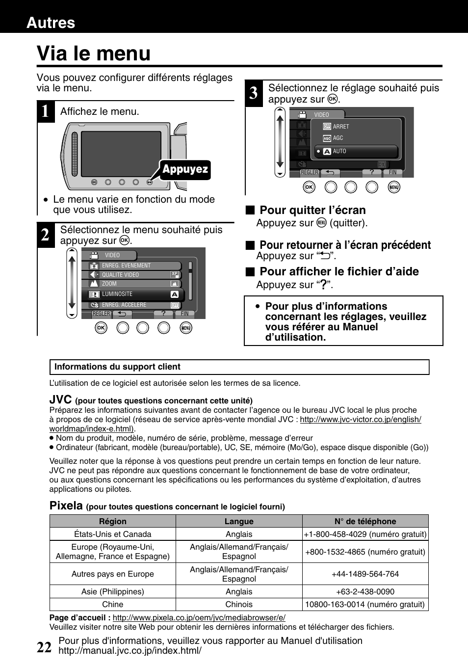 Autres, Via le menu, Menu) ( p.22) | Autres 22, Appuyez, Pour quitter l’écran, Pour retourner à l’écran précédent, Pour afficher le fichier d’aide, Pixela | JVC Everio GZ-HM340U User Manual | Page 86 / 96