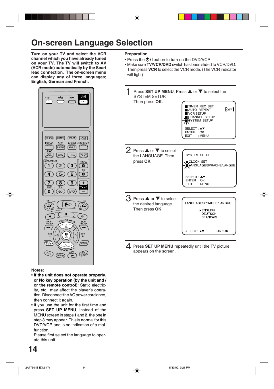 On-screen language selection | JVC HR-XV1EK User Manual | Page 14 / 60