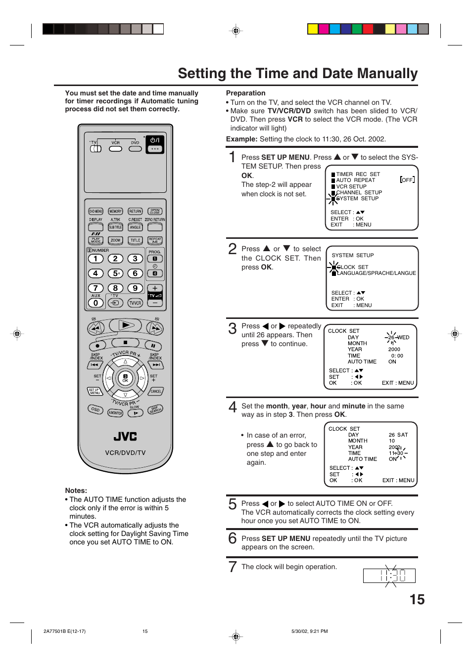 15 setting the time and date manually | JVC HR-XV1EK User Manual | Page 15 / 60