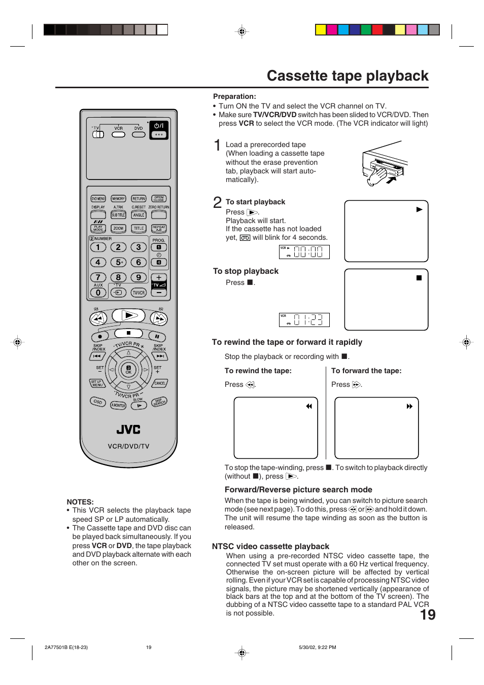 Cassette tape playback | JVC HR-XV1EK User Manual | Page 19 / 60