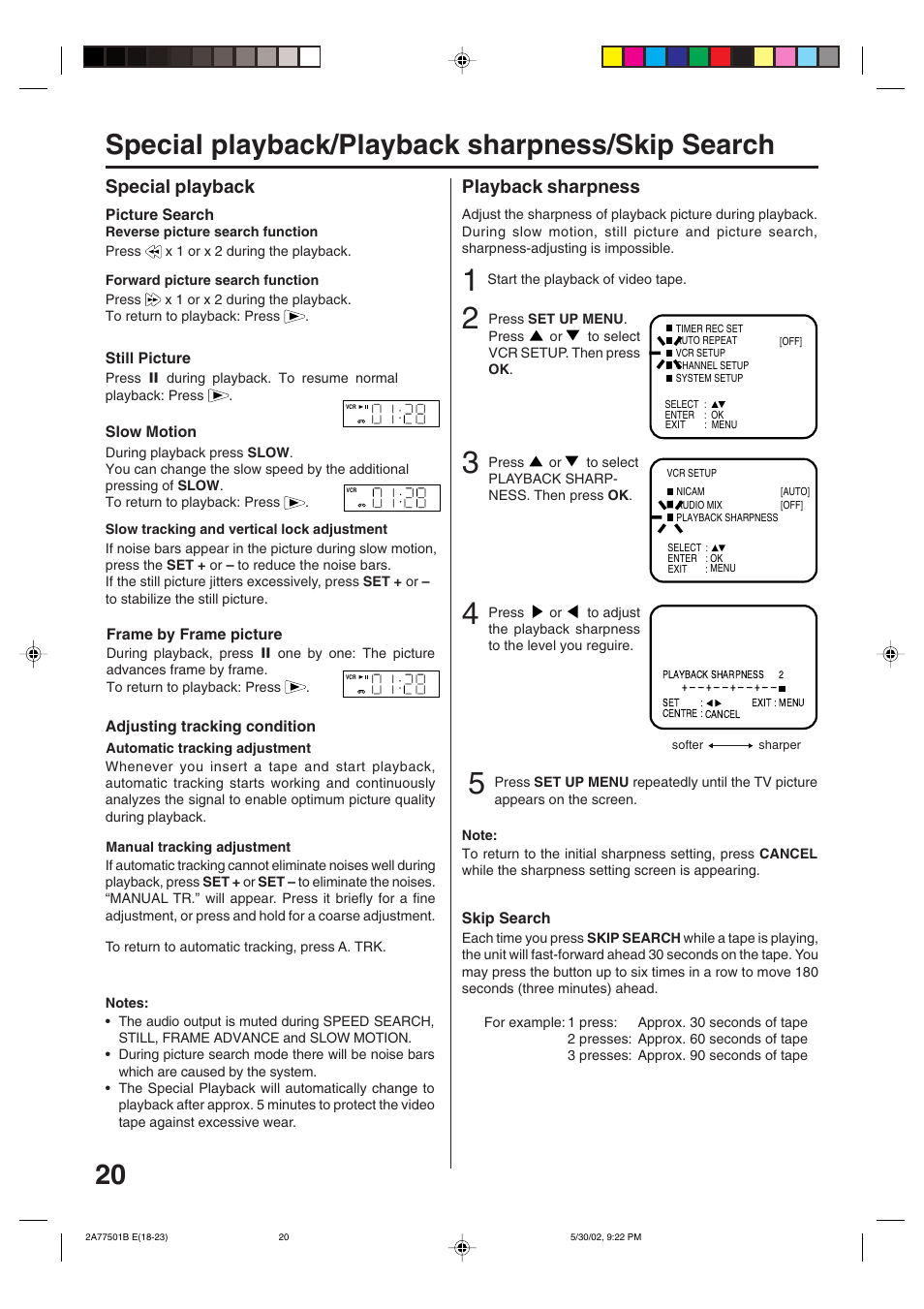 Special playback/playback sharpness/skip search, Playback sharpness, Special playback | JVC HR-XV1EK User Manual | Page 20 / 60
