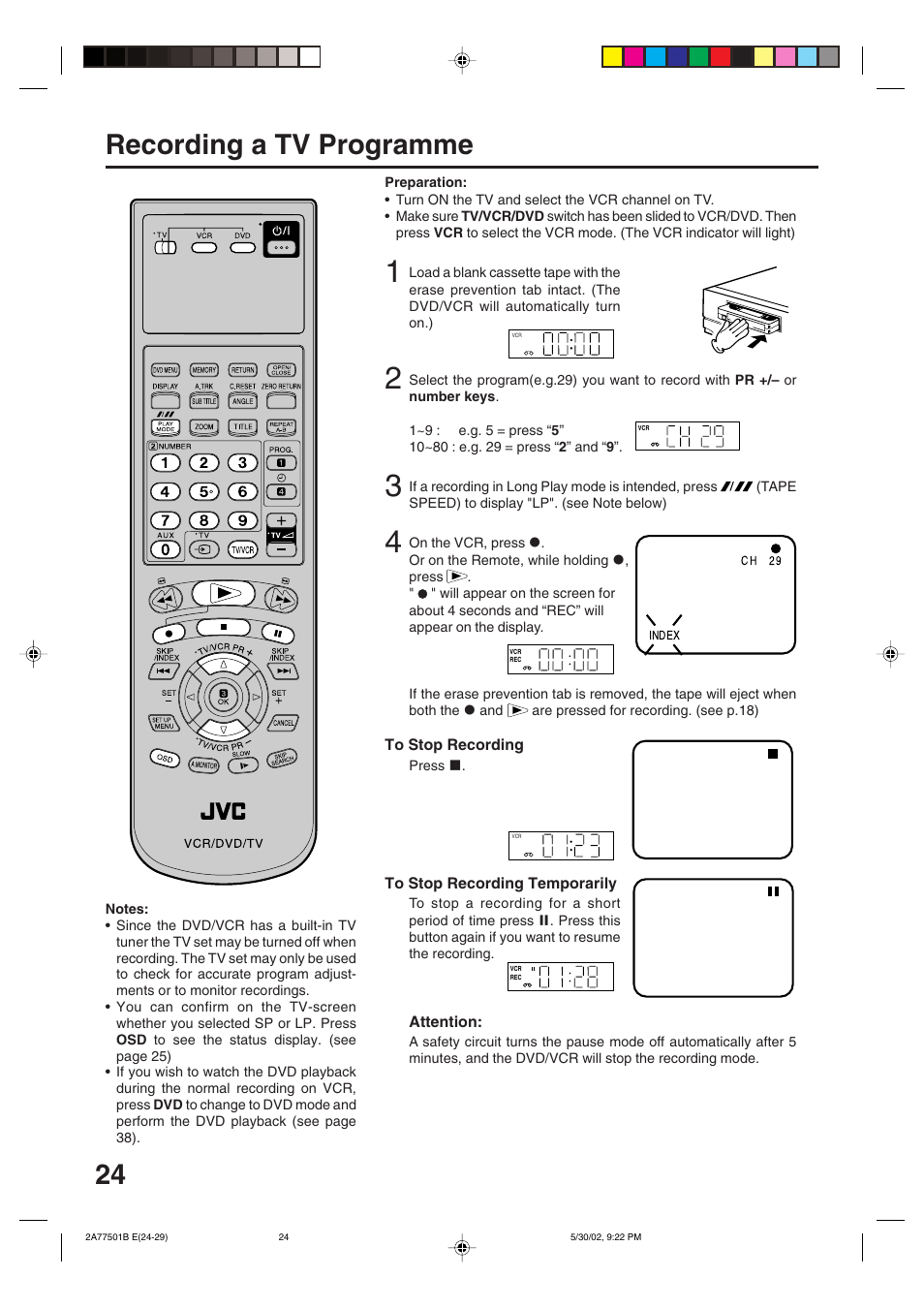 Recording a tv programme | JVC HR-XV1EK User Manual | Page 24 / 60