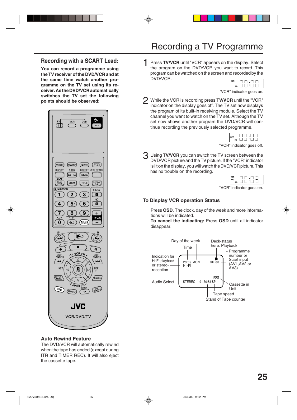 Recording a tv programme, Recording with a scart lead | JVC HR-XV1EK User Manual | Page 25 / 60