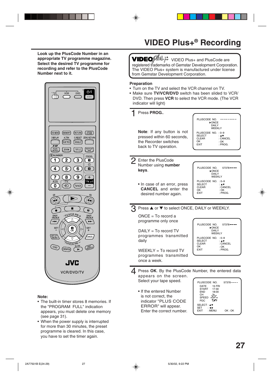 Video plus, Recording | JVC HR-XV1EK User Manual | Page 27 / 60