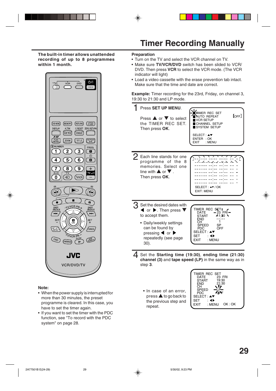 Timer recording manually | JVC HR-XV1EK User Manual | Page 29 / 60