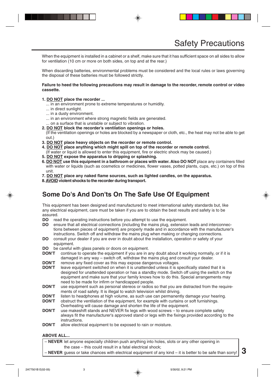 3safety precautions, Some do's and don'ts on the safe use of equipment | JVC HR-XV1EK User Manual | Page 3 / 60