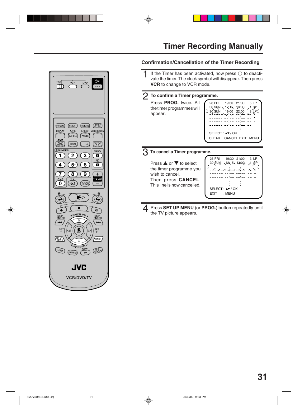 Timer recording manually | JVC HR-XV1EK User Manual | Page 31 / 60