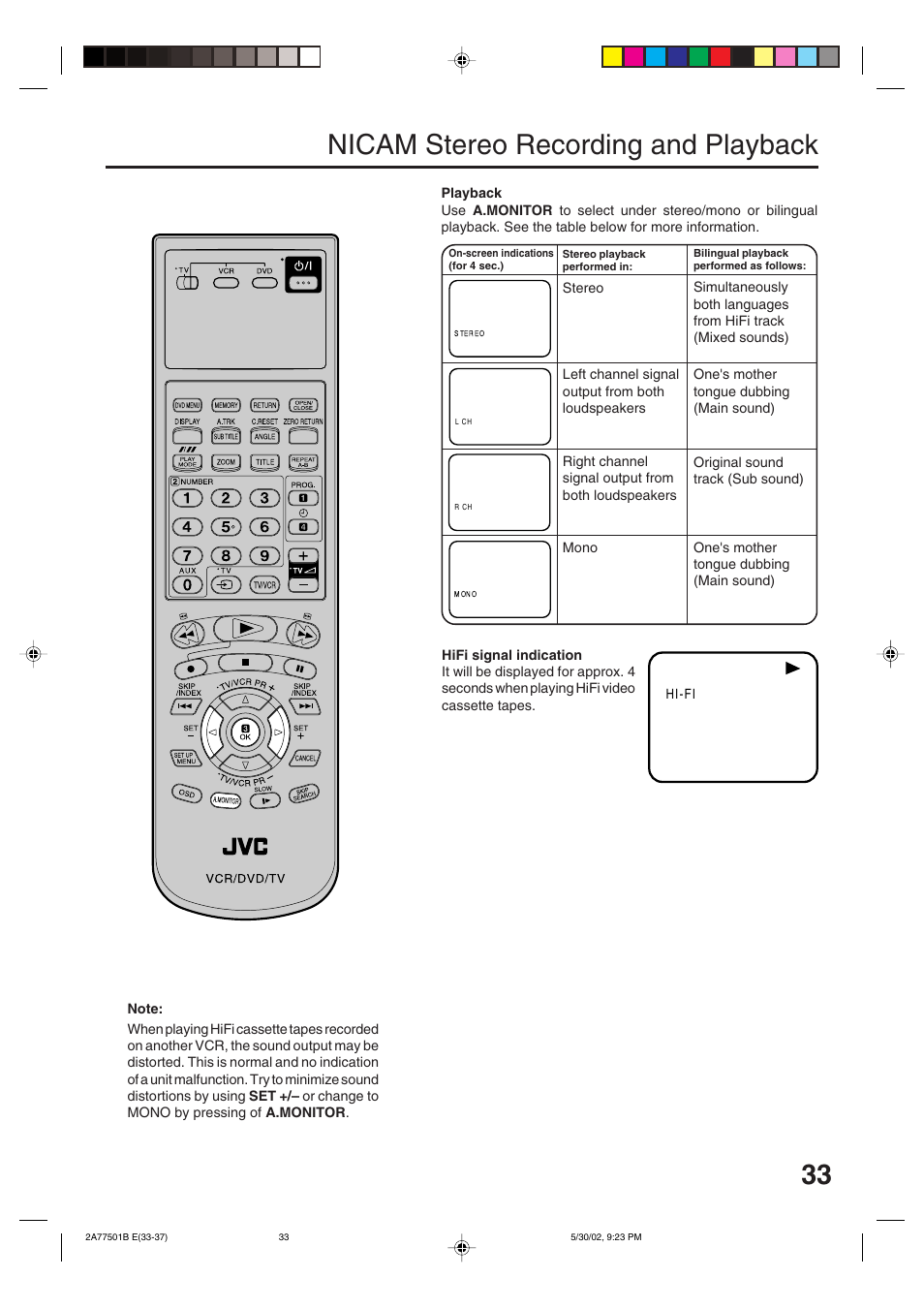 Nicam stereo recording and playback | JVC HR-XV1EK User Manual | Page 33 / 60