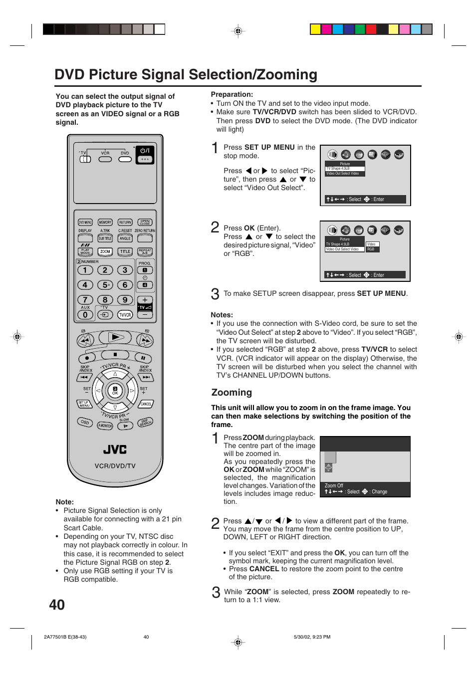 40 dvd picture signal selection/zooming, Zooming | JVC HR-XV1EK User Manual | Page 40 / 60