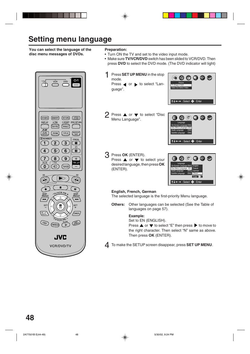 Setting menu language | JVC HR-XV1EK User Manual | Page 48 / 60
