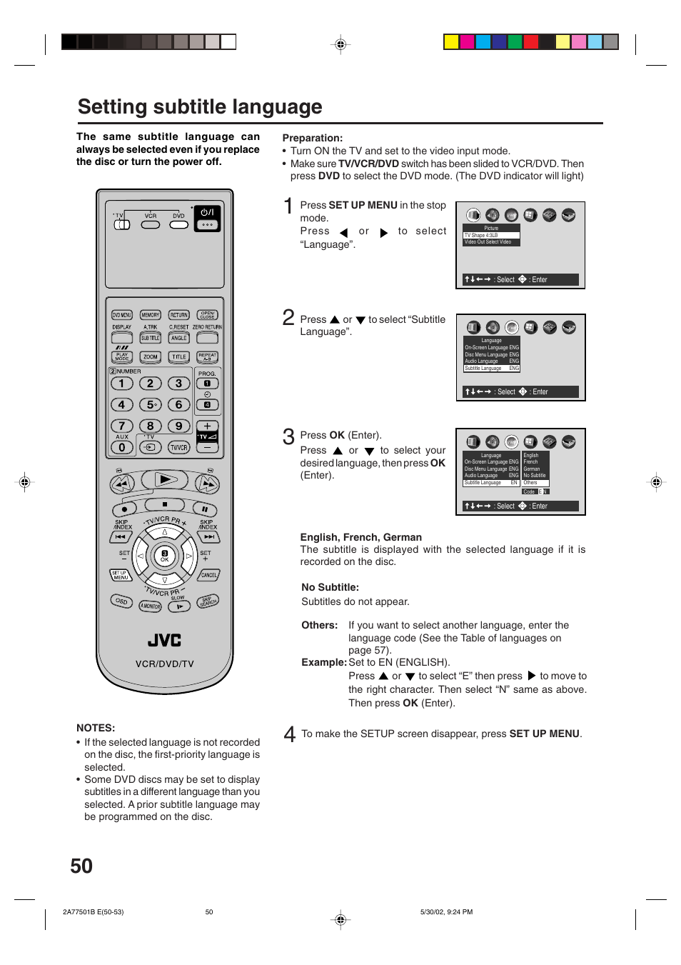 Setting subtitle language | JVC HR-XV1EK User Manual | Page 50 / 60