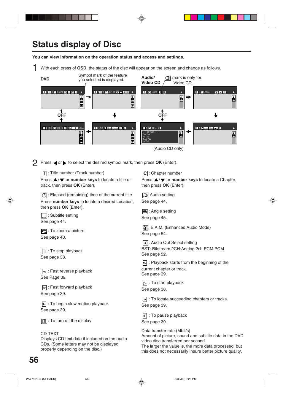 Status display of disc, Audio/ video cd | JVC HR-XV1EK User Manual | Page 56 / 60