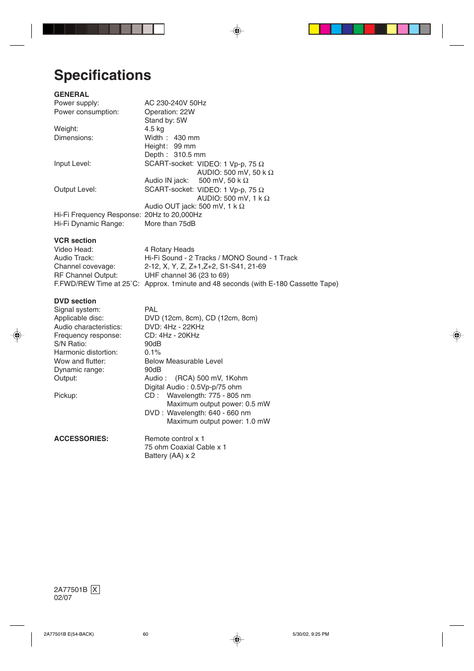 Specifications | JVC HR-XV1EK User Manual | Page 60 / 60