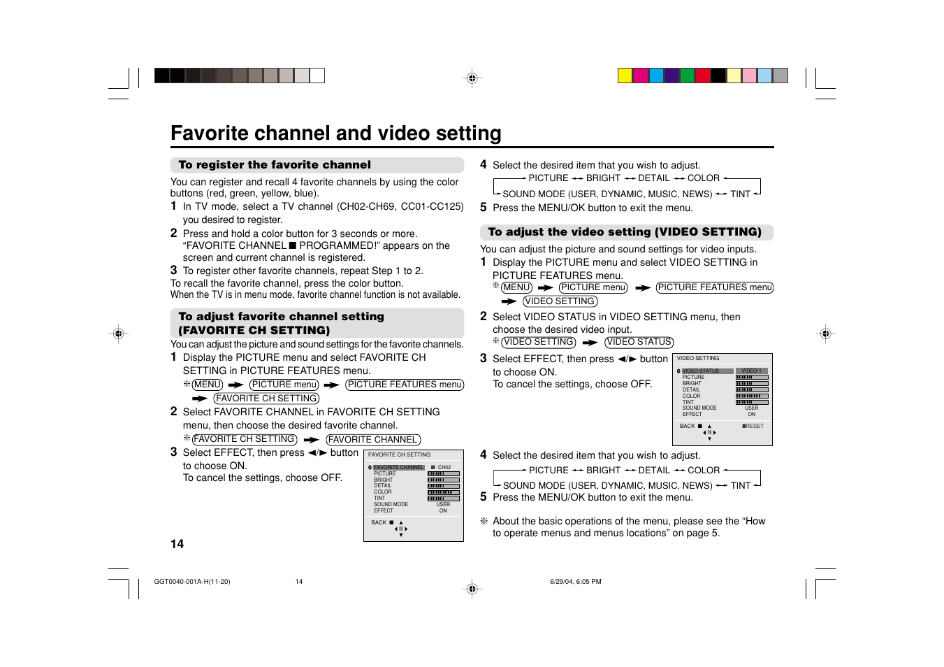 Favorite channel and video setting | JVC AV-14FT14 User Manual | Page 14 / 24