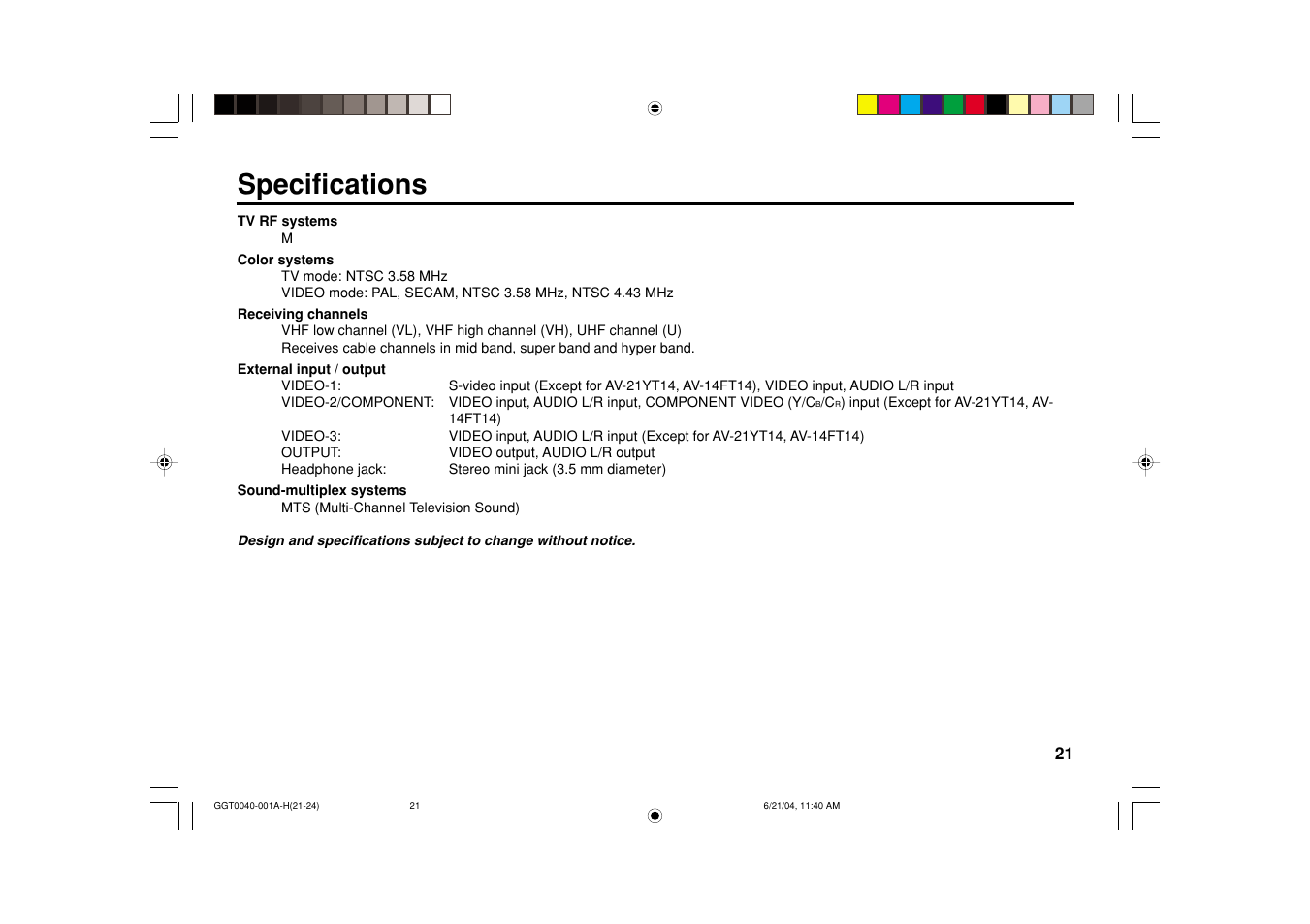 Specifications | JVC AV-14FT14 User Manual | Page 21 / 24