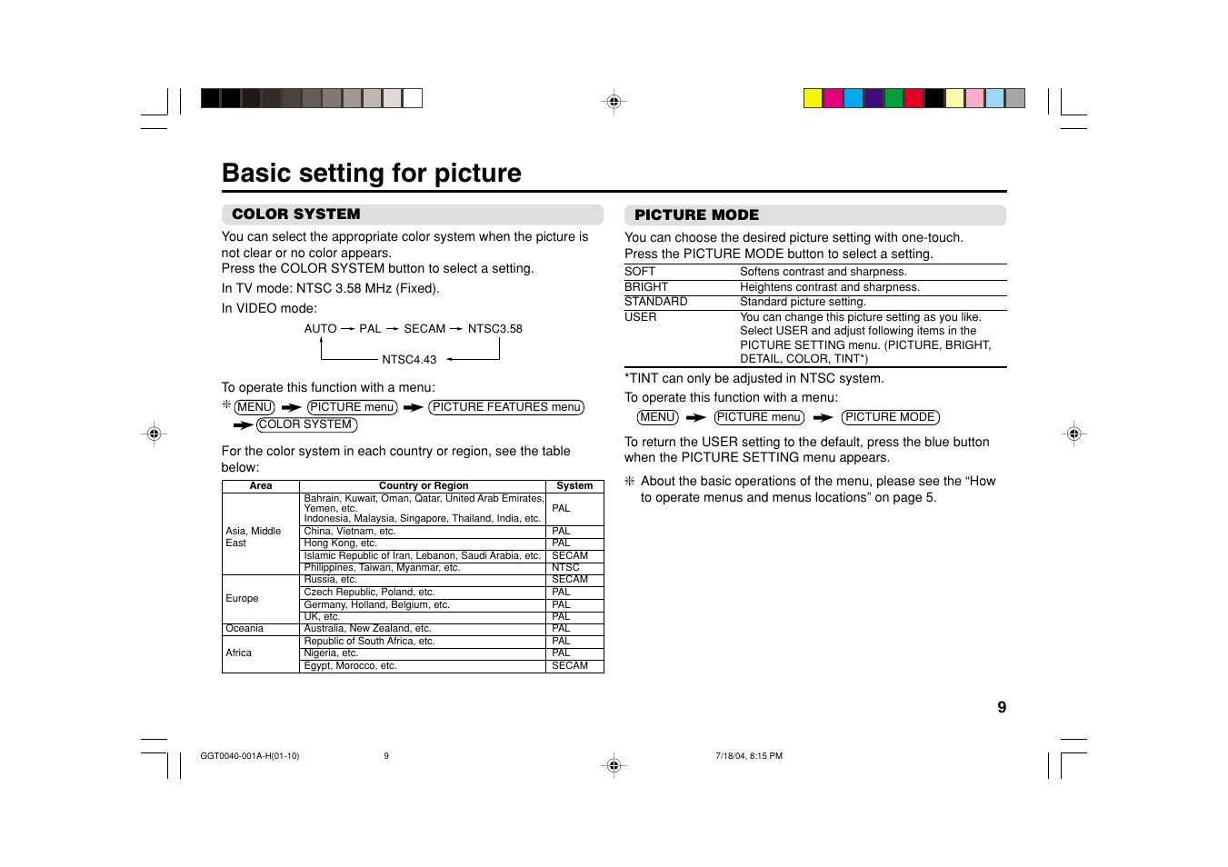 Basic setting for picture | JVC AV-14FT14 User Manual | Page 9 / 24