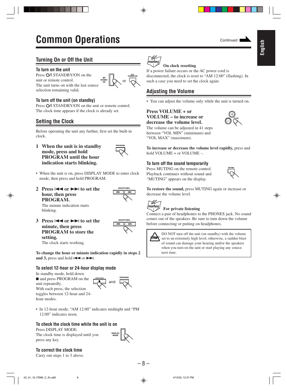 Operations common, Common operations, Turning on or off the unit | Setting the clock, Adjusting the volume | JVC FS-M5 User Manual | Page 10 / 23