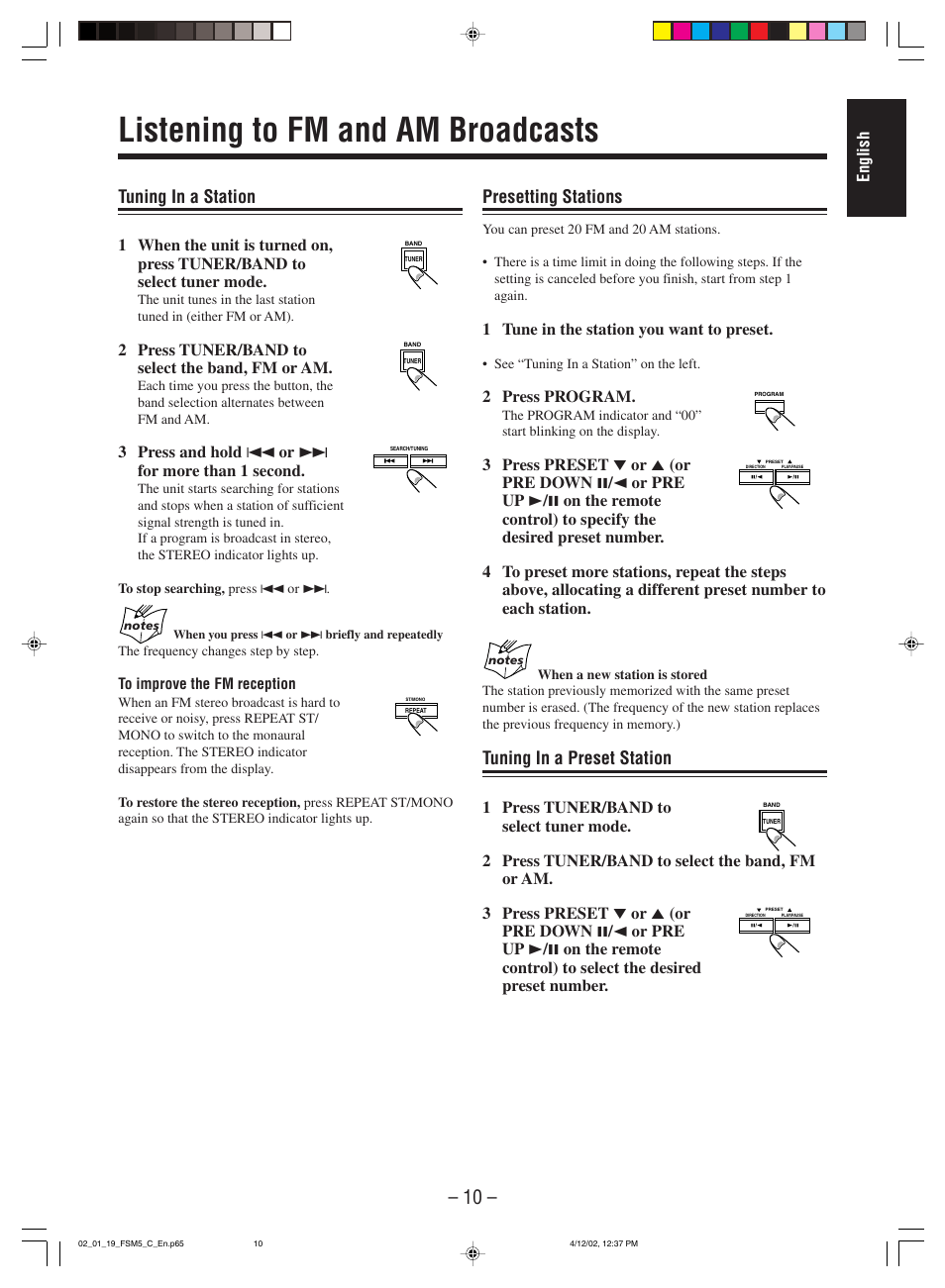 Listening to fm and am broadcasts, Tuning in a station, Presetting stations | Tuning in a preset station | JVC FS-M5 User Manual | Page 12 / 23