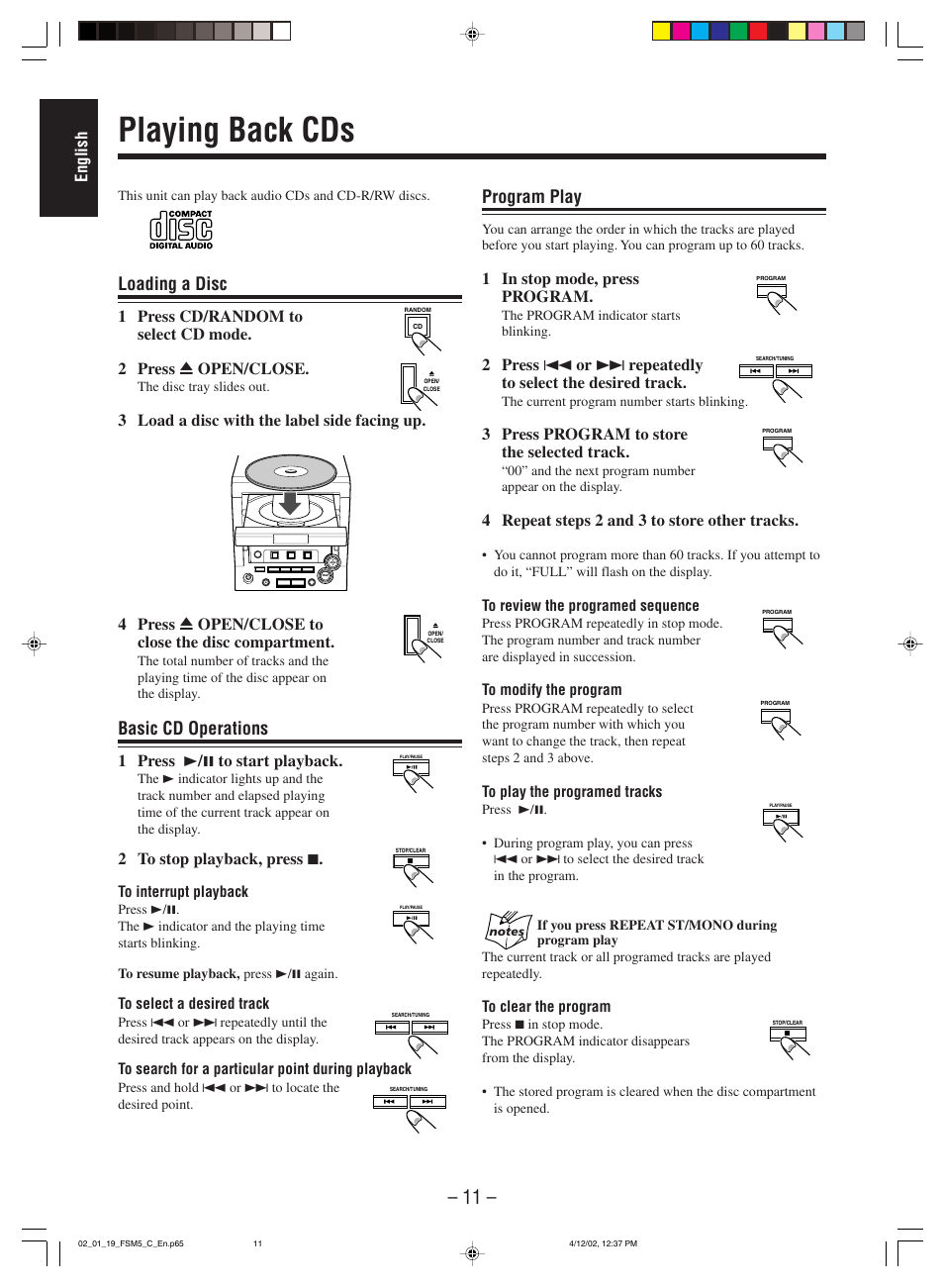 Playing back cds, Loading a disc, Basic cd operations | Program play | JVC FS-M5 User Manual | Page 13 / 23