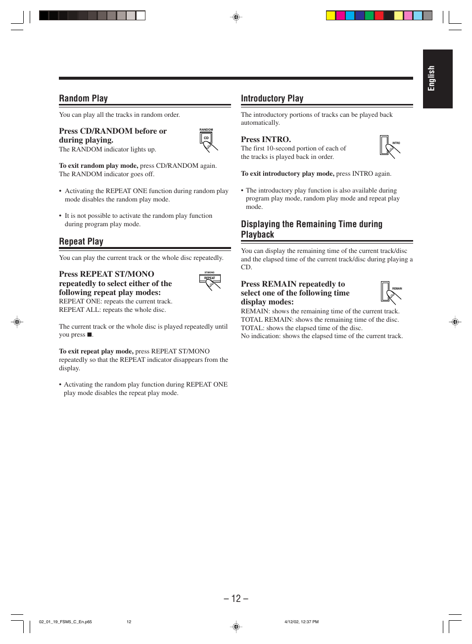 Random play, Repeat play, Introductory play | Displaying the remaining time during playback | JVC FS-M5 User Manual | Page 14 / 23