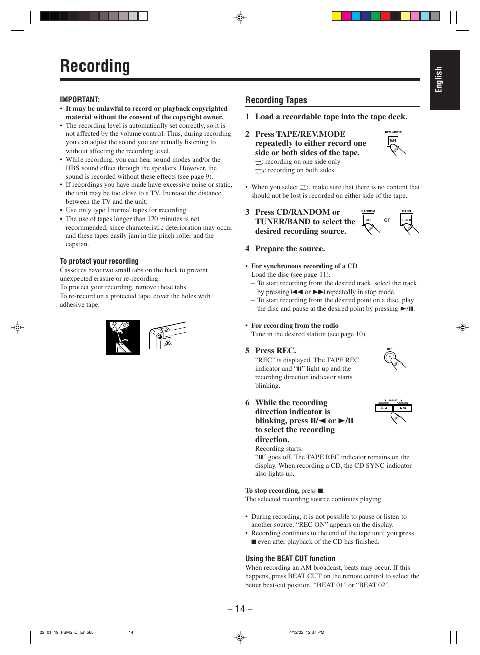 Recording, Recording tapes | JVC FS-M5 User Manual | Page 16 / 23