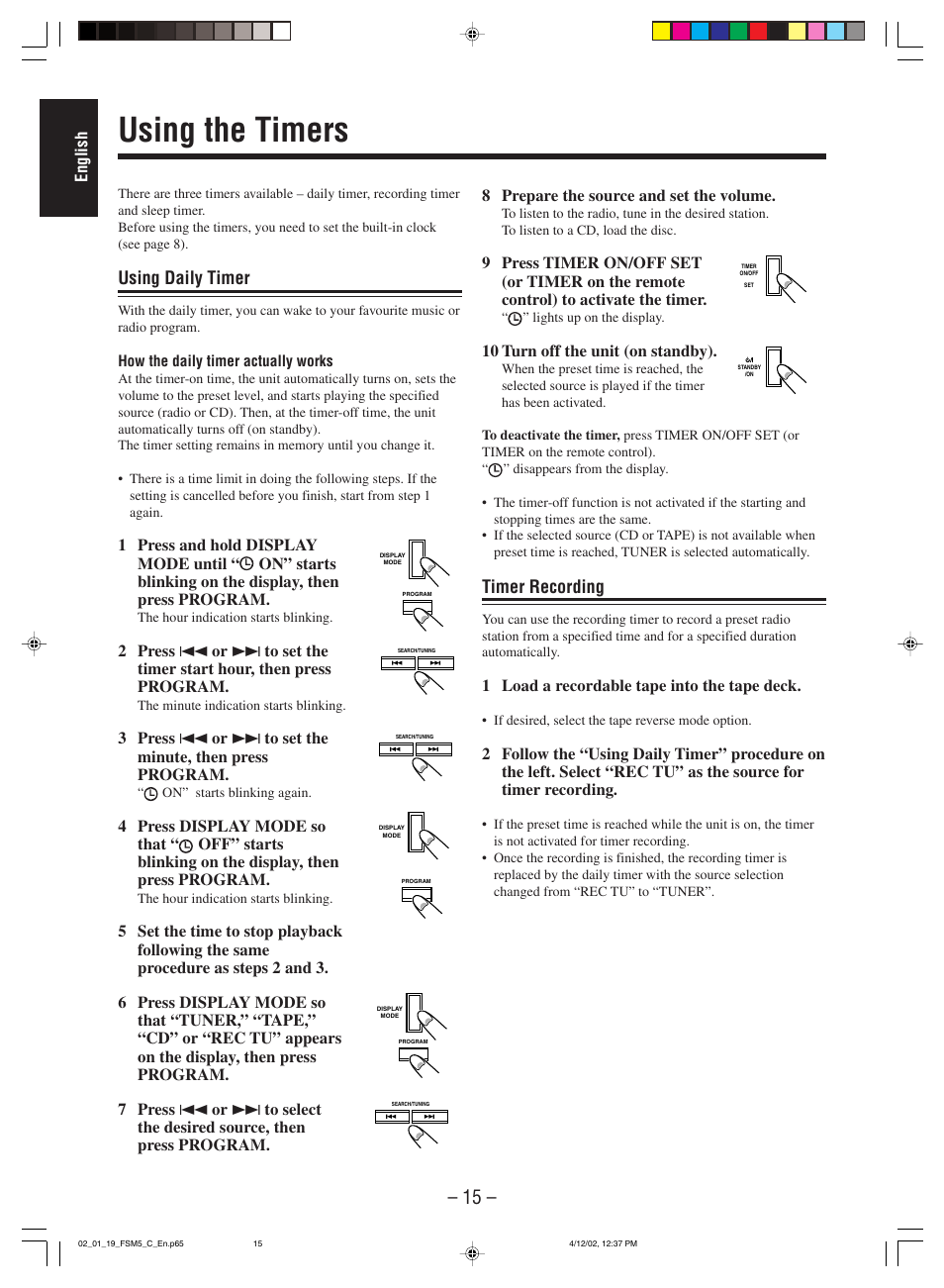 Using the timers, Using daily timer, Timer recording | JVC FS-M5 User Manual | Page 17 / 23