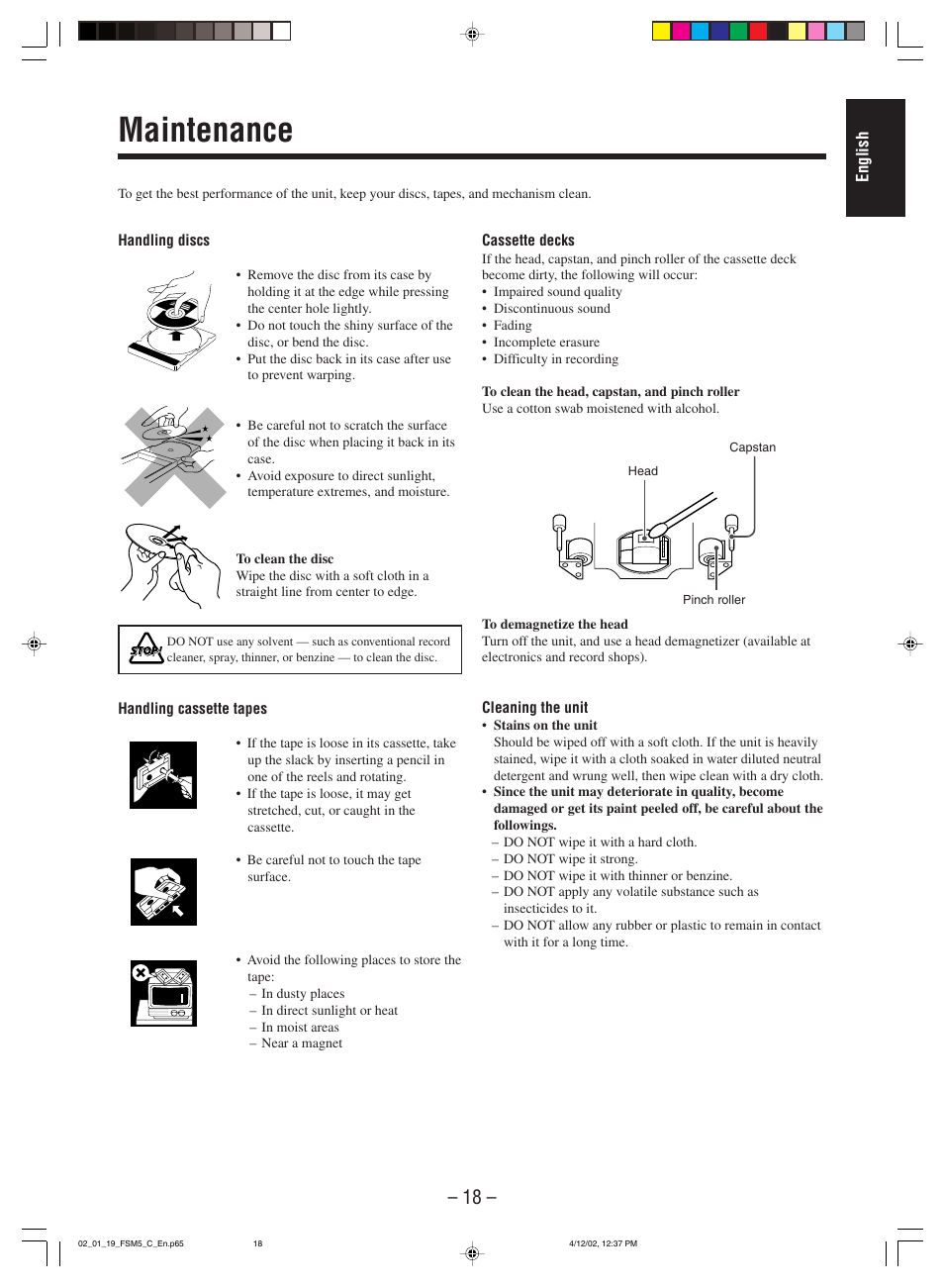 Maintenance | JVC FS-M5 User Manual | Page 20 / 23