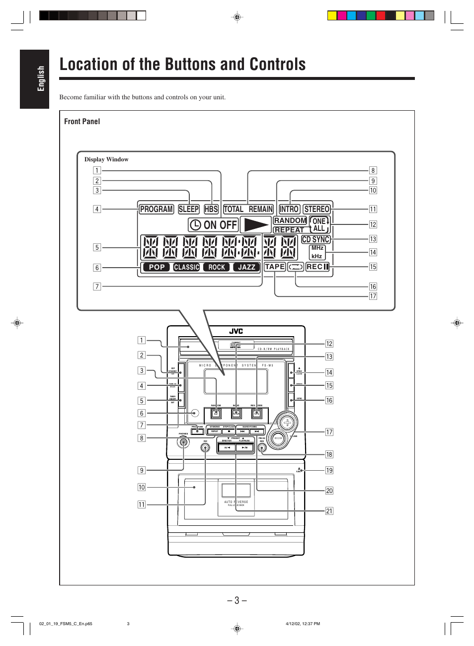 Location of the buttons and controls, Program sleep hbs total remain intro, Stereo | Cd sync, English, Front panel, One all | JVC FS-M5 User Manual | Page 5 / 23