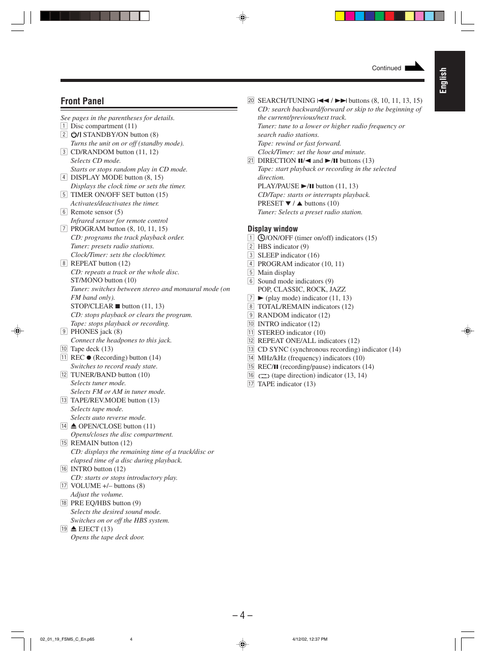 Front panel | JVC FS-M5 User Manual | Page 6 / 23