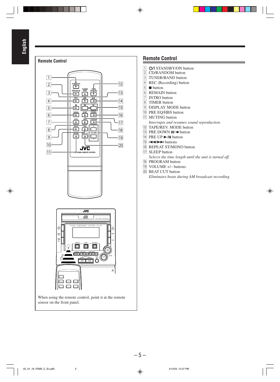 Remote control, English | JVC FS-M5 User Manual | Page 7 / 23