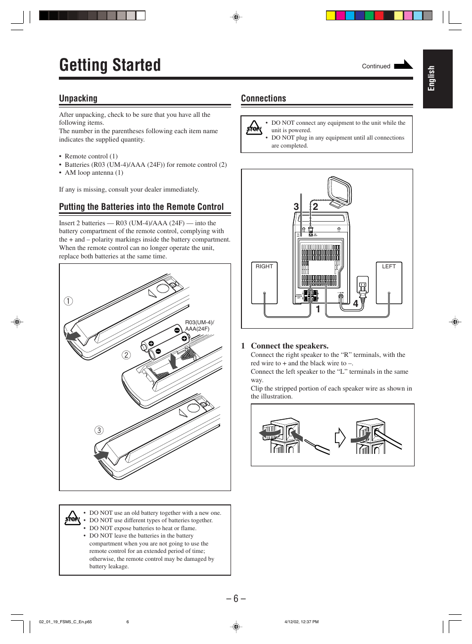 Getting started, Unpacking, Putting the batteries into the remote control | Connections, English, 1 connect the speakers | JVC FS-M5 User Manual | Page 8 / 23