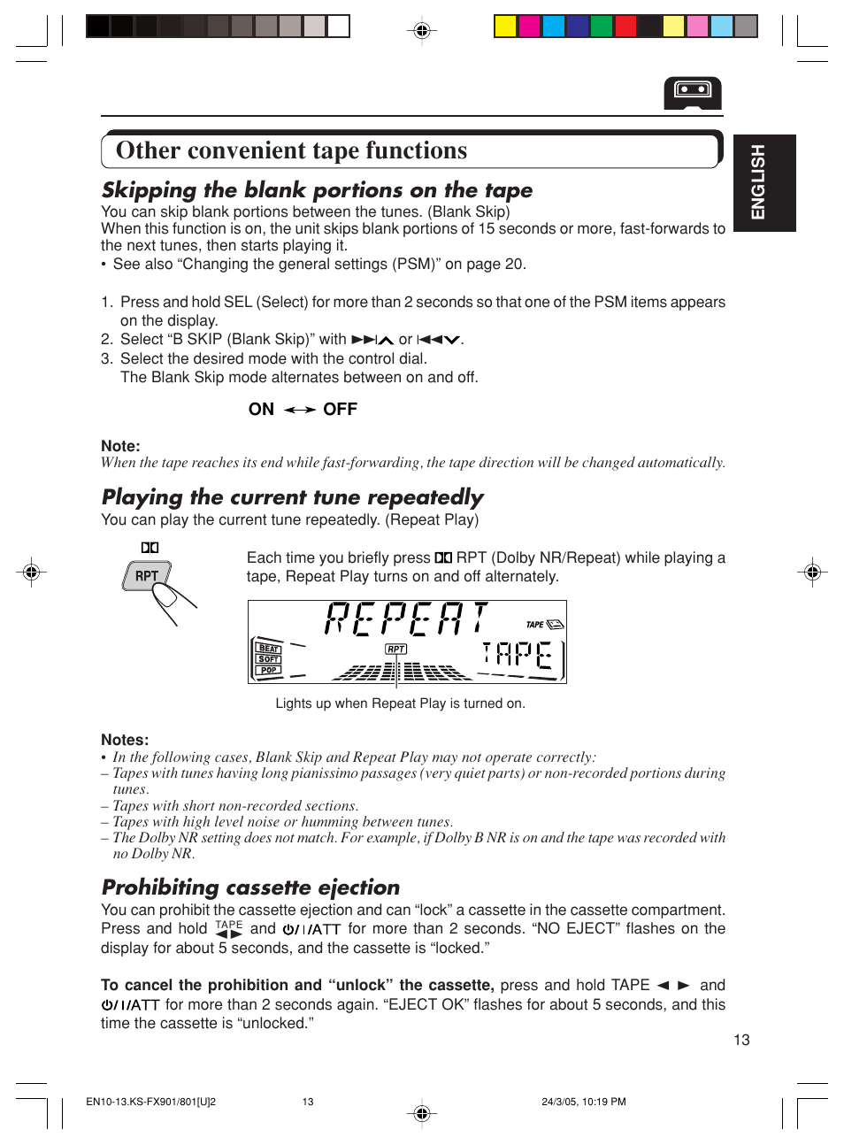 Other convenient tape functions, Skipping the blank portions on the tape, Playing the current tune repeatedly | Prohibiting cassette ejection | JVC KS-FX90 User Manual | Page 13 / 38