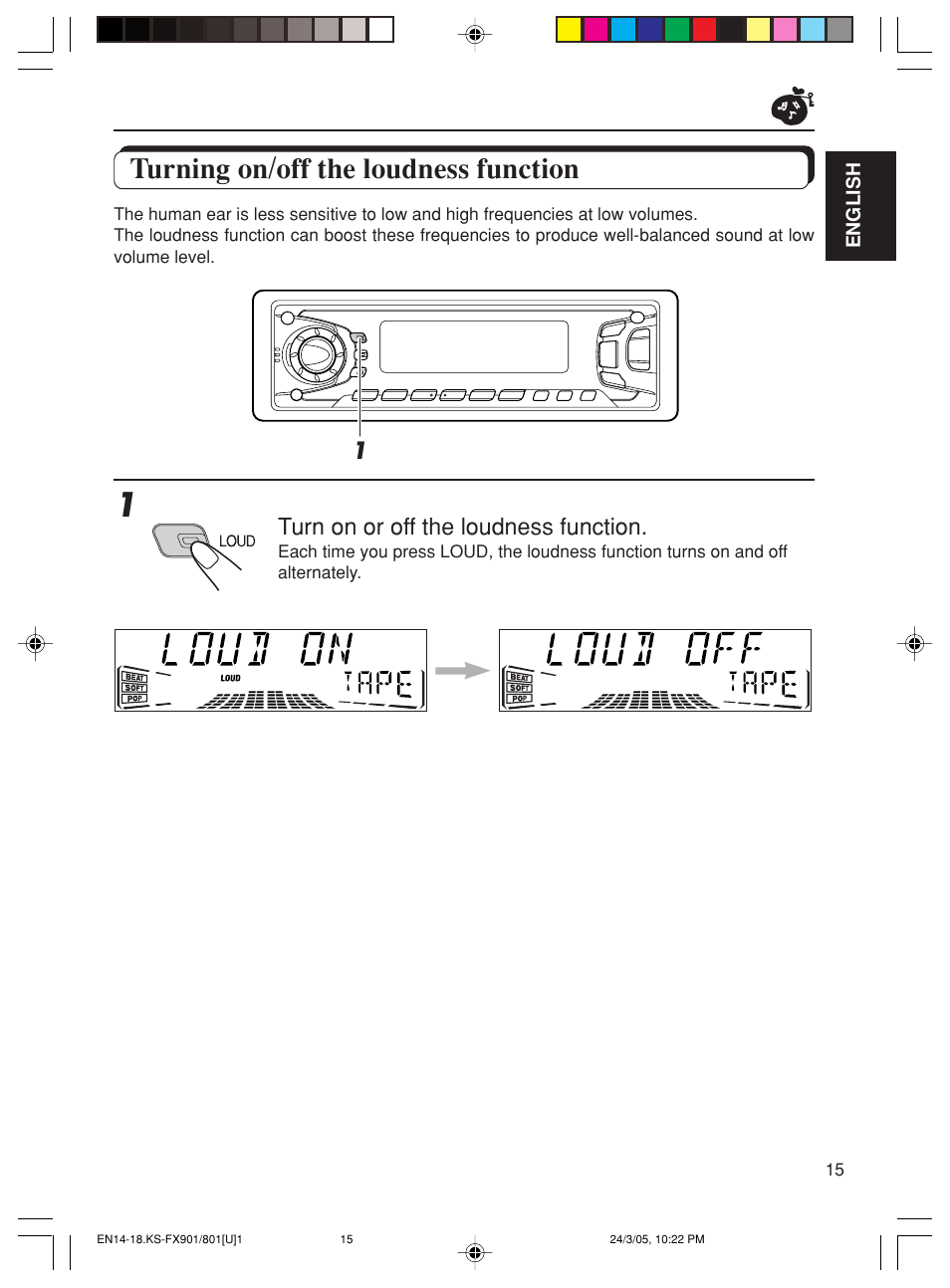 Turning on/off the loudness function, Turn on or off the loudness function | JVC KS-FX90 User Manual | Page 15 / 38