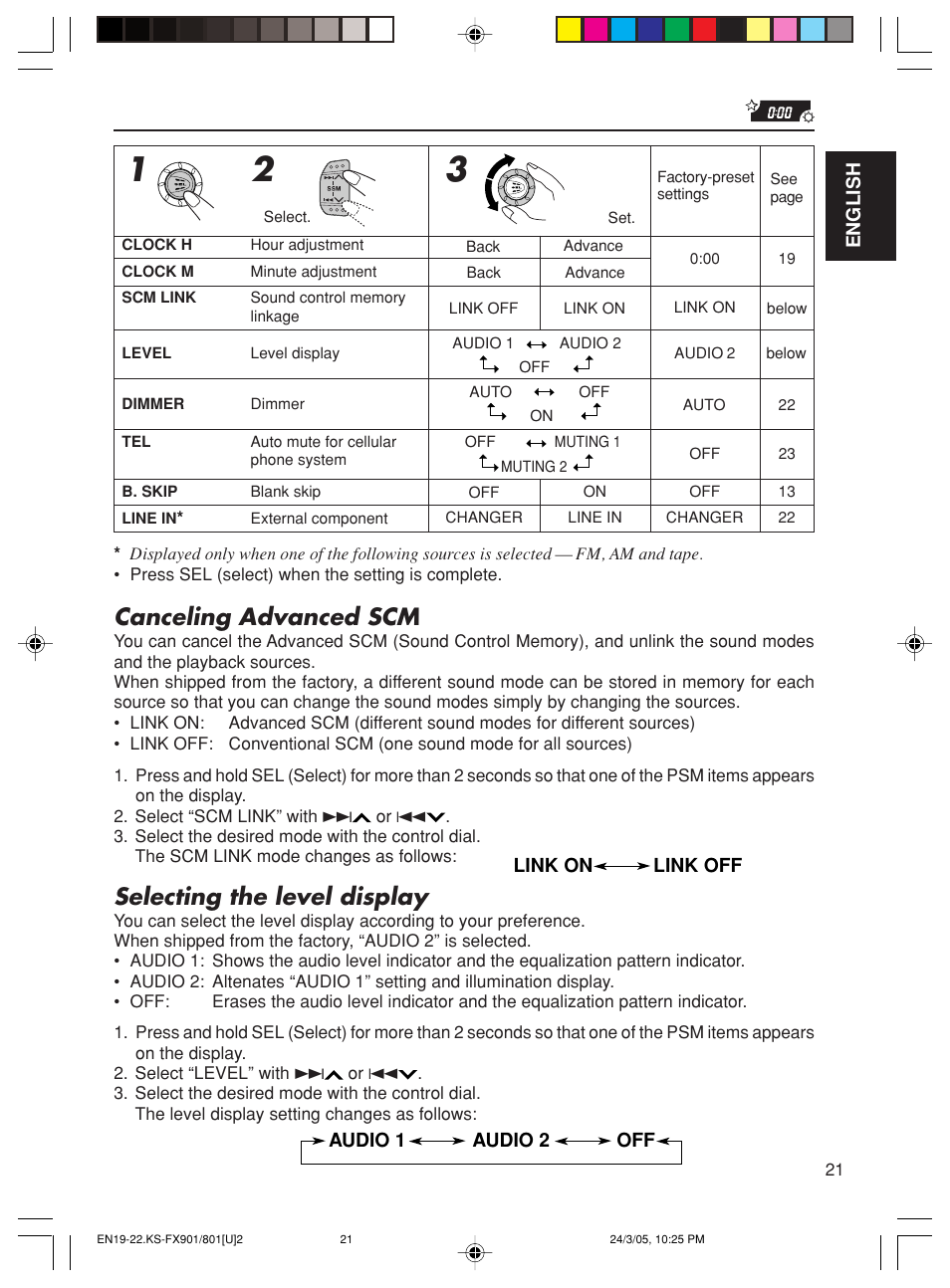 Selecting the level display, Canceling advanced scm | JVC KS-FX90 User Manual | Page 21 / 38